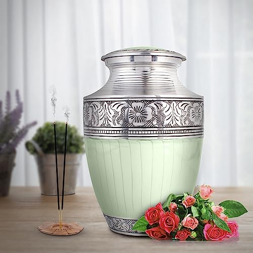 Product: Handcrafted Metal Alloy Cremation Urn for Human Ashes - Large, Engraved, Decorative Funeral Memorial Urn with Secure Screw-On Lid Hold Remains up to 200 lbs 10.5" (Green Silver) - ALPHA Living HOME