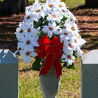 Product: Sympathy Silks Artificial Cemetery Flowers - Realistic - Outdoor Grave Decorations - White Christmas Poinsettias - 28" Tall