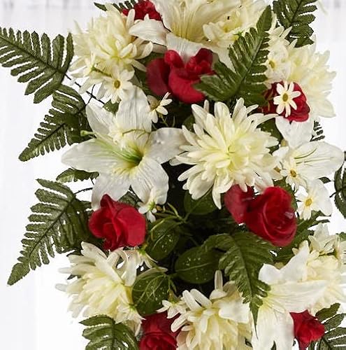 Silky Flower Store Red and Cream Silk Cemetery Flower Arrangement with Metal Easel, Faux Memorial Spray, 32in 2 2 Product: Premade Red and Cream Silk Flowers Cemetery Arrangement with Metal Easel for Graveside Memorial Day Decoration or Funeral Floral Spray for Mother, Father, Mom, Dad, Sister, Brother or Loved One