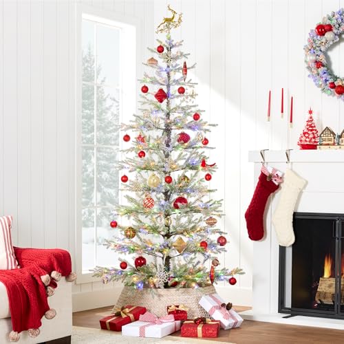 Product: Best Choice Products Pre-Lit Sparse Christmas Tree 6ft Artificial Flocked Pine Holiday Décor Aspen Noble Fir 2-in-1 White & Multicolor LED Lights
