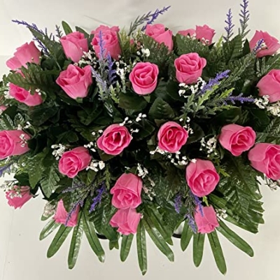 Silky Flower Store Artificial Cemetery Flower Saddle, Pink Rose Purple Accent Mix, Grave Headstone Decoration, Bendable Silk Floral Arrangement, 20.5cm 7 7 Product: Pink Rose Spring Cemetery Flowers for Headstone and Grave Decoration-Pink Rose with Purple Accent Mix Saddle