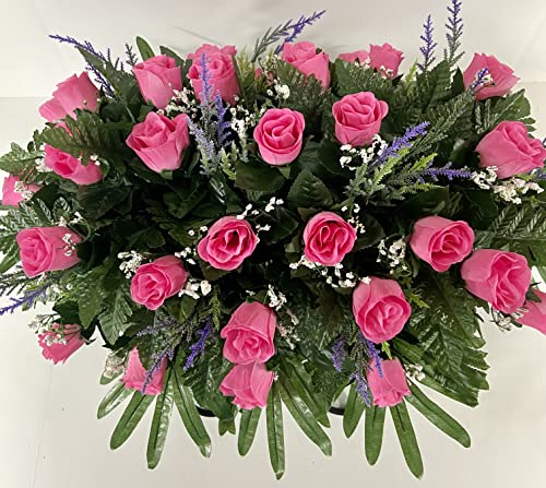 Silky Flower Store Artificial Cemetery Flower Saddle, Pink Rose Purple Accent Mix, Grave Headstone Decoration, Bendable Silk Floral Arrangement, 20.5cm 2 2 Product: Pink Rose Spring Cemetery Flowers for Headstone and Grave Decoration-Pink Rose with Purple Accent Mix Saddle