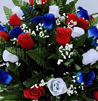 Silky Flower Store Patriotic Cemetery Headstone Saddle Flowers, Red White Blue Roses with Flags, Artificial USA Memorial Spray 20.5cm 7 7 Product: Patriotic Cemetery Headstone Saddle Flowers in Red White and Blue Roses with Flags