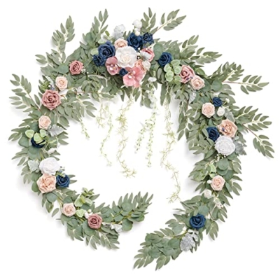 Product: Ling's Moment 9FT Eucalyptus and Willow Leaf Garland with White Flower, Handcrafted Wedding Sweetheart Table Centerpieces Head Table Decor Arch Backdrop Decorations for Wedding | Dusty Rose & Navy