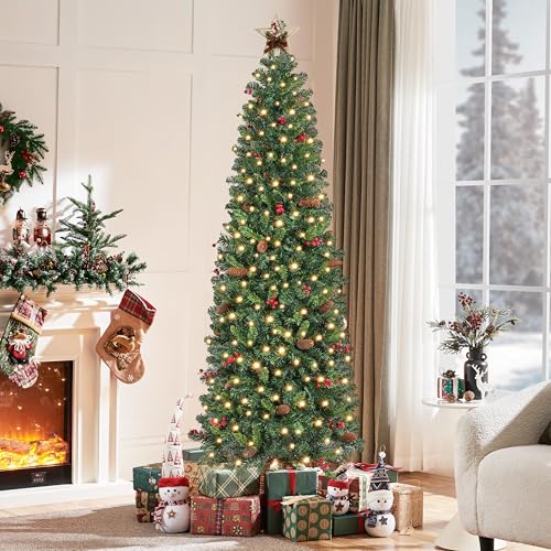 Silky Flower Store Pre Lit Slim Pencil Spruce Christmas Tree, Warm White Lights, Pine Cones, Metal Base, 7.5ft 8 8 Product: Yaheetech 7.5ft Pre-lit Pencil Spruce Christmas Tree, Artificial Slim Xmas Fir, Pre-Decorated for Home, Office, Party, Holiday Decor W/ 948 Tips, 350 Lights, Pine Cones, Metal Hinges & Base, Green