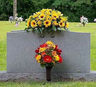 Silky Flower Store Artificial Cemetery Flowers, Yellow Sunflower Grave Saddle, Sympathy Headstone Decoration, 20.5cm 13 13 Product: Sympathy Silks Artificial Cemetery Flowers - Grave Flowers for Cemetery - Yellow Sunflower Saddle for Headstone