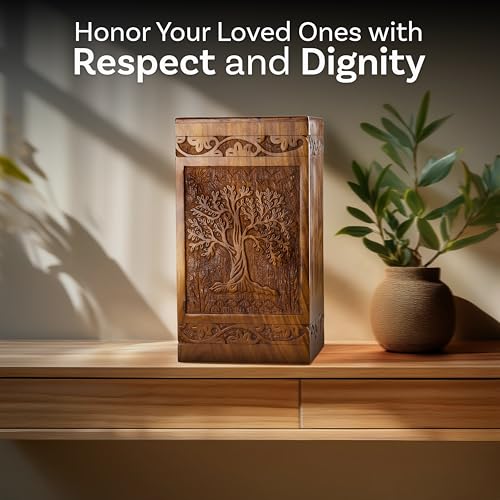 Silky Flower Store Handcarved Wooden Cremation Urn for Human Ashes, Tree of Life Memorial Urn, Adult Men Women, 250 lbs Capacity, 32.5cm 5 5 Product: INTAJ Handcarved Wooden Cremation Urn for Human Ashes - Tree of Life Design, 250 lbs Capacity, Suitable for Adult Men and Women - Decorative Funeral Urn Box and Casket