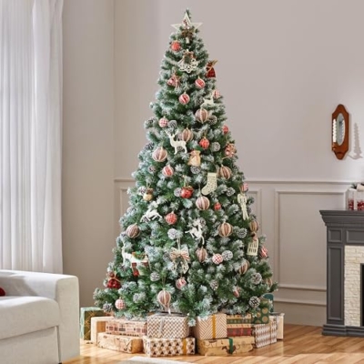 Silky Flower Store Yaheetech Artificial Christmas Tree, Snow Flocked Pinecone Christmas Tree, 7.5ft 16 16 Product: Yaheetech 7.5ft Artificial Christmas Tree, Snow Flocked Christmas Tree w/82 Pinecones, 1346 Frosted Tips, Pre-Decorated Tree for Holiday Party Decoration