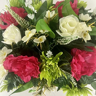Silky Flower Store Artificial Cemetery Flower Grave Decoration, Pink Peony White Rose Headstone Saddle, Spring Summer Memorial, 32.5cm 8 8 Product: Spring Cemetery Flowers for Headstone and Grave Decoration-Pink Peony and White Rose Mix Saddle