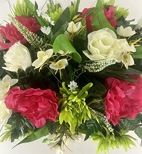 Silky Flower Store Artificial Cemetery Flower Grave Decoration, Pink Peony White Rose Headstone Saddle, Spring Summer Memorial, 32.5cm 1 1 Product: Spring Cemetery Flowers for Headstone and Grave Decoration-Pink Peony and White Rose Mix Saddle