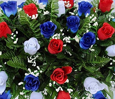 Silky Flower Store Patriotic Cemetery Headstone Saddle Flowers, Red White Blue Roses with Flags, Artificial USA Memorial Spray 20.5cm 8 8 Product: Patriotic Cemetery Headstone Saddle Flowers in Red White and Blue Roses with Flags