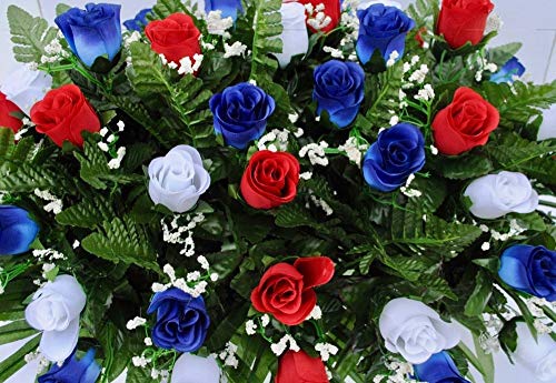 Silky Flower Store Patriotic Cemetery Headstone Saddle Flowers, Red White Blue Roses with Flags, Artificial USA Memorial Spray 20.5cm 3 3 Product: Patriotic Cemetery Headstone Saddle Flowers in Red White and Blue Roses with Flags
