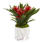 Product: Nearly Natural Bromeliad Artificial Marble Finished Vase Silk Plants, Red