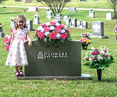 Product: Mother's Day - Artificial Cemetery Flowers Headstone Arrangement - 30" Pink Rose & White Mums Silk Flowers for Outdoor Grave - Decorations