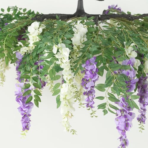 Silky Flower Store Artificial Silk Wisteria Vine Hanging Garland, Cream Purple Faux Floral Chandelier, 55cm 5 5 Product: Efavormart Cream Purple Artificial Silk Wisteria Vine Round Hanging Canopy, Draping Garland Flower Chandelier with Interchangeable Branches 55"