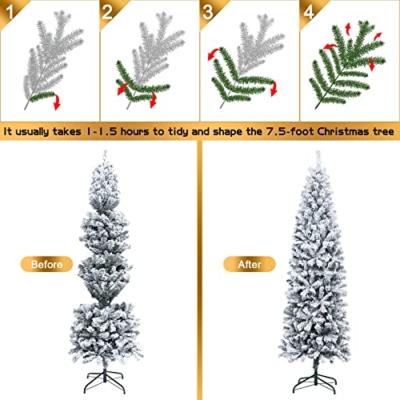 Product: 6FT Prelit Pencil Christmas Tree Artificial Snow Flocked Slim Skinny Christmas Trees with 250 LED Warm White Lights for Christmas Indoor Outdoor Decoration