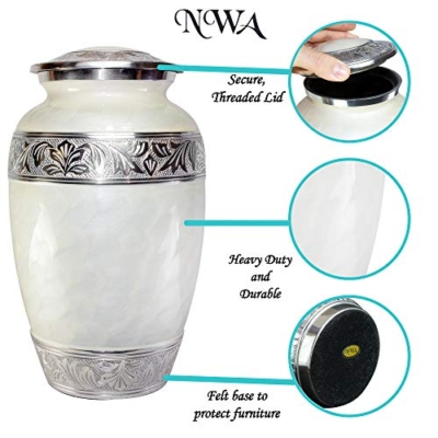Silky Flower Store Adult Cremation Urn, Pearl White Enamel Urn with Hand Etched Detail, Personalization, Velvet Box, 10.5in H x 6.5in 8 8 Product: Adult Funeral Cremation Urn, White Ash Urns with Personalization and Velvet Box