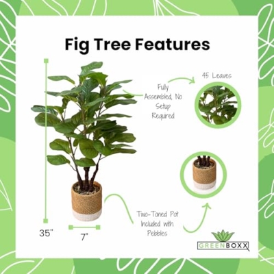 Product: GreenBoxx 35" Artificial Fiddle Leaf Fig Tree Faux Plant - Green Fake Boho Ficus Plants - 45 Leaves Large Cement Pot for Home Decor, Office, Store, Indoor/Outdoor Natural Floor Trees Fake Plant