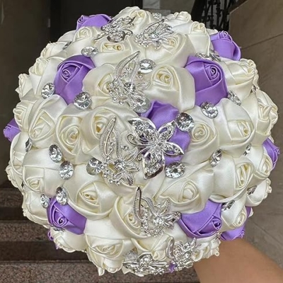 Product: Sharebeauty 9.4" Handmade Satin Rose Bridal Bouquet Toss Round Wedding Bouquet Throw Toss Artificial Flower Bunch Ivory + Bright Lavender
