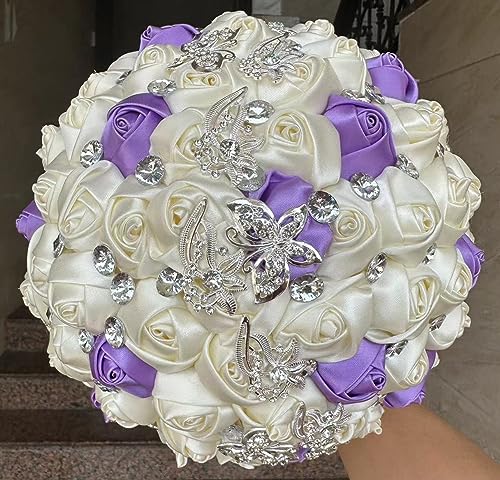Product: Sharebeauty 9.4" Handmade Satin Rose Bridal Bouquet Toss Round Wedding Bouquet Throw Toss Artificial Flower Bunch Ivory + Bright Lavender