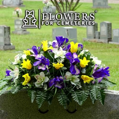 Product: Sympathy Silks Artificial Cemetery Flowers – Realistic Vibrant Tulips, Outdoor Grave Decorations - 30" Yellow Tulip Purple Iris White Orchid Saddle for Headstone