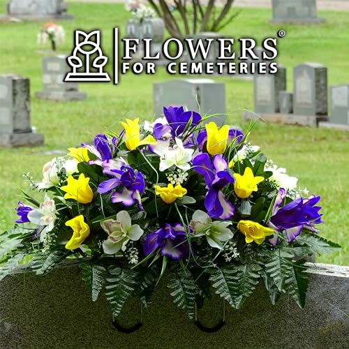 Product: Sympathy Silks Artificial Cemetery Flowers – Realistic Vibrant Tulips, Outdoor Grave Decorations - 30" Yellow Tulip Purple Iris White Orchid Saddle for Headstone