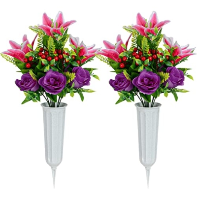 Product: Artificial Cemetery Flowers for Grave, Set of 2 Artificial Flowers Bouquet Memorial Flowers with Vase for Outdoor Cemetery Headstones Graveyard Gravestone Decoration (Pink Lily&Purple Rose)