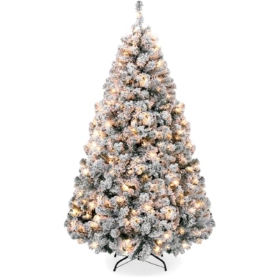 Product: Best Choice Products Pre-Lit Artificial Christmas Tree, 7.5ft Snow Flocked Design Pine Tree, Full Appearance Snowy w/Easy Assembly, Metal Stand