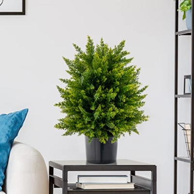 Product: Goplus 21.5” Artificial Cedar Topiary Ball Tree, Set of 2 Faux Potted Plants Artificial Shrubs Bushes with Cement Pot, Fake Evergreen Artificial Topiary for Indoor Outdoor Home Front Porch Decor