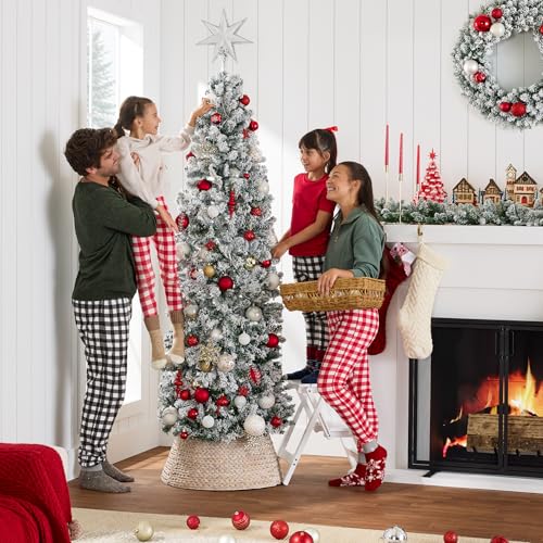 Silky Flower Store Flocked Pencil Christmas Tree, 6ft Slim Unlit Artificial Holiday Tree, Snow Dusted PVC Pine 6ft 2 2 Product: Best Choice Products Flocked Pencil Christmas Tree, Unlit Slim Artificial Holiday Decoration, 6ft Skinny Snowy Appearance w/Base