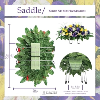 Product: Sympathy Silks Artificial Cemetery Flowers – Realistic Vibrant Tulips Outdoor Grave Decorations - 2 Yellow Tulip Purple Iris Bouquets and 1 Matching Saddle