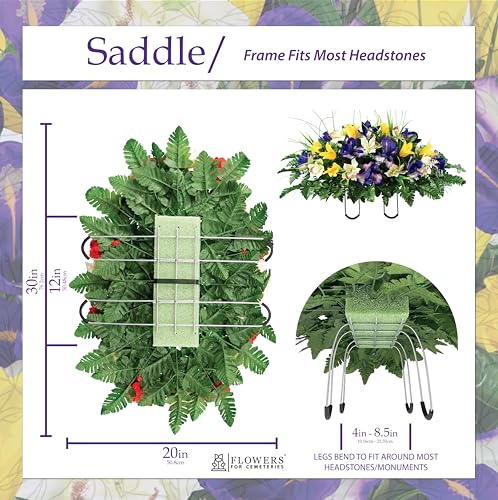 Product: Sympathy Silks Artificial Cemetery Flowers – Realistic Vibrant Tulips, Outdoor Grave Decorations - 30" Yellow Tulip Purple Iris White Orchid Saddle for Headstone