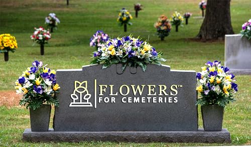Product: Sympathy Silks Artificial Cemetery Flowers – Realistic Vibrant Tulips Outdoor Grave Decorations - 2 Yellow Tulip Purple Iris Bouquets and 1 Matching Saddle