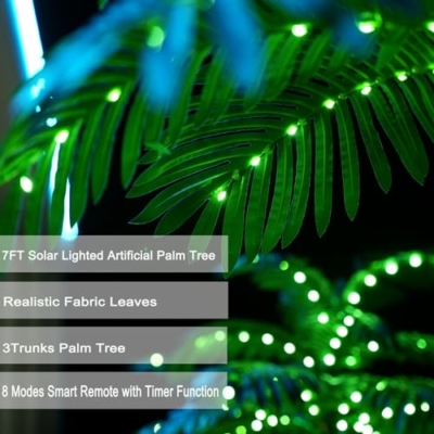 Silky Flower Store Lighted Artificial Palm Tree Outdoor Patio, 260 LED Solar Palm Tree, 3 Trunks Decorative Tropical Tree 7FT 11 11 Product: SOSHOT 7FT Lighted Solar Palm Trees for Outside Patio 260 LED Lights with Three Trunks Artificial Light Up Palm Tree for Patio Deck Pool Tiki Bar Beach Hawaiian Party Outdoor Decor