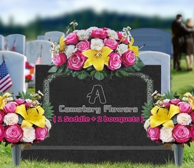Product: AILVEMEE 3 PCS Artificial Cemetery Flowers Set with Vase - Pink Rose, Lily & Carnation Headstone Flower Saddle for Graves