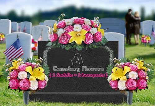 Product: AILVEMEE 3 PCS Artificial Cemetery Flowers Set with Vase - Pink Rose, Lily & Carnation Headstone Flower Saddle for Graves