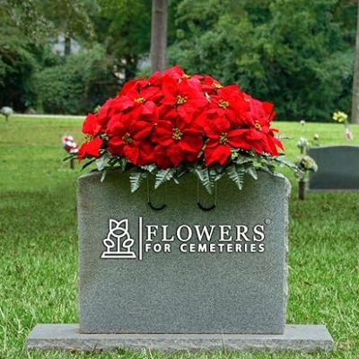 Silky Flower Store Artificial Cemetery Flowers, Red Poinsettia Headstone Saddle, Weatherproof Memorial Decor 2-3+ Months, 32.5cm 14 14 Product: Sympathy Silks Artificial Cemetery Flowers - Winter Memorial Flowers - Christmas Poinsettias - Red Poinsettias Saddle for Headstone