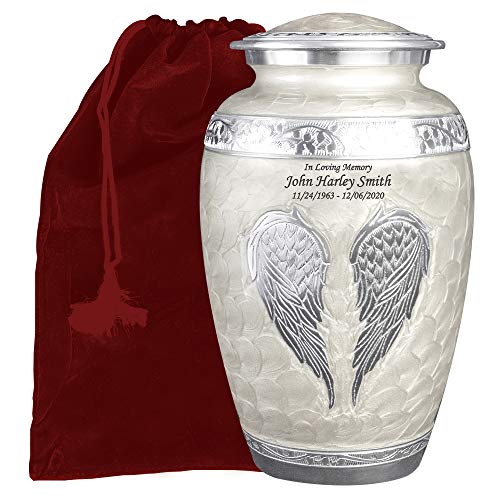 Product: White Angel Wings Funeral Cremation Urn with Mathcing Keepsake Velvet Bags and Personalization (Pearl White, Large)