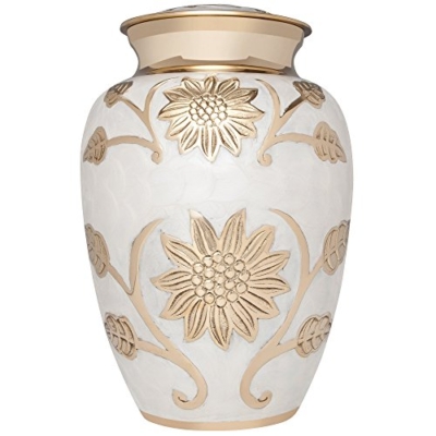 Product: White and Gold Flower Funeral Urn by Liliane Memorials - Cremation Urn for Human Ashes - Brass- Suitable for Cemetery Burial or Niche- Large Size for Adults up to 200 lbs - Rose Lisette