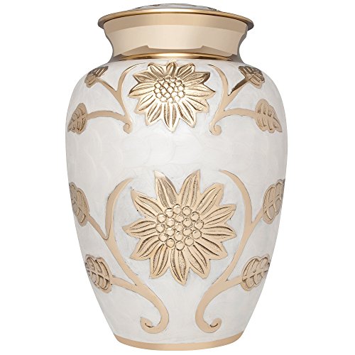 White and Gold Flower Funeral Urn by Liliane Memorials - Cremation Urn for Human Ashes - Brass- Suitable for Cemetery Burial or Niche- Large Size for Adults up to 200 lbs - Rose Lisette - Artificial Flower Arrangements Product: White and Gold Flower Funeral Urn by Liliane Memorials - Cremation Urn for Human Ashes - Brass- Suitable for Cemetery Burial or Niche- Large Size for Adults up to 200 lbs - Rose Lisette