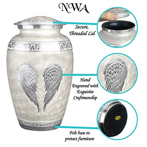Product: White Angel Wings Funeral Cremation Urn with Mathcing Keepsake Velvet Bags and Personalization (Pearl White, Large)