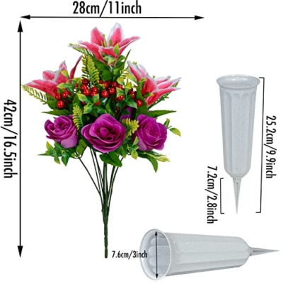 Product: Artificial Cemetery Flowers for Grave, Set of 2 Artificial Flowers Bouquet Memorial Flowers with Vase for Outdoor Cemetery Headstones Graveyard Gravestone Decoration (Pink Lily&Purple Rose)
