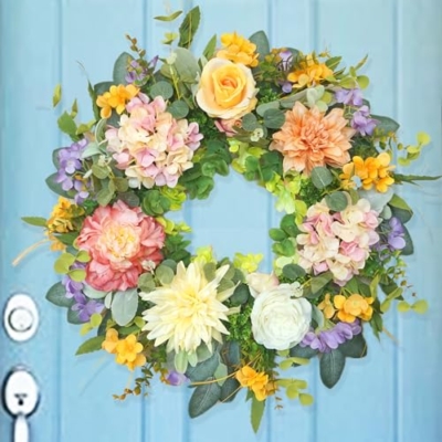 Silky Flower Store Artificial Hydrangea Spring Summer Wreath, Front Door Door Wreath, Indoor Outdoor Decor, 24 Inch 11 11 Product: Summer Wreaths for Front Door, Soomeir 24 Inch Spring Door Wreath with Hydrangea, for All Seasons Outside Indoor Outdoor Farmhouse Home Porch Wall Window Decor