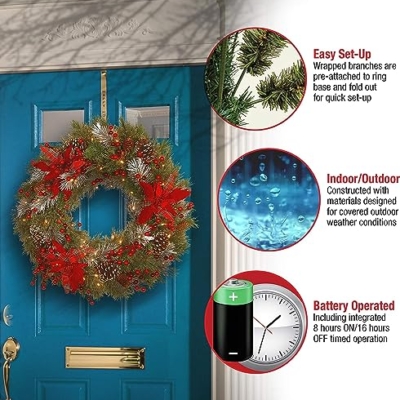 Silky Flower Store Pre Lit Artificial Christmas Wreath, Green Tartan Plaid, White Lights, Pine Cones, Berry Clusters, Frosted Branches, 30 inch 7 7 Product: National Tree Company Pre-Lit Artificial Christmas Wreath, Green, Tartan Plaid, White Lights, Decorated with Frosted Branches, Pine Cones, Berry Clusters, Flowers, Christmas Collection, 30 Inches