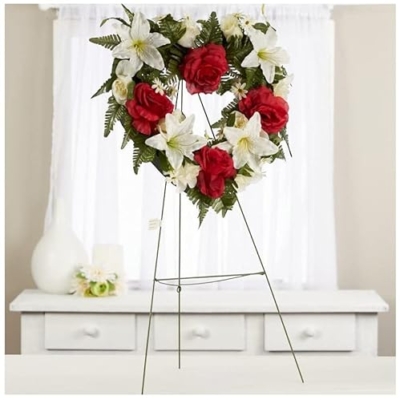Product: Premade Red and Cream Silk Flowers Heart Cemetery Wreath with Metal Easel for Graveside Memorial Day Decoration or Funeral Floral Spray for Mother, Father, Mom, Dad, Sister, Brother or Loved One