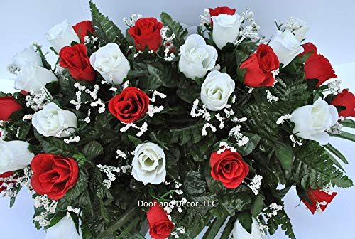 Product: Cemetery Saddle Headstone Decoration with Red and White Roses for Mother's Day, Father's Day, Memorial Day, and Labor Day