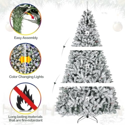 Product: Hykolity 7.5ft Prelit Snow Flocked Christmas Tree, Artificial Christmas Pine Tree with 450 Multicolor LED Lights, 1446 Tips, Metal Stand and Hinged Branches, 10 Colors
