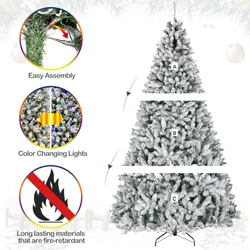 Product: Hykolity 7.5ft Prelit Snow Flocked Christmas Tree, Artificial Christmas Pine Tree with 450 Multicolor LED Lights, 1446 Tips, Metal Stand and Hinged Branches, 10 Colors