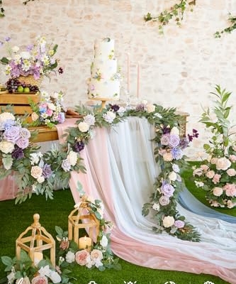 Silky Flower Store Eucalyptus Rose Flower Garland, Lilac Lavender Sweetheart Table Decor, Artificial Silk Garland 6FT 9 9 Product: Ling's Moment Flower Garland - 6FT Eucalyptus & Rose - Sweetheart Table Decor for Wedding Reception, Artificial Floral Garland for Mantle, Thanksgiving, Christmas Decoration, Lilac & Lavender
