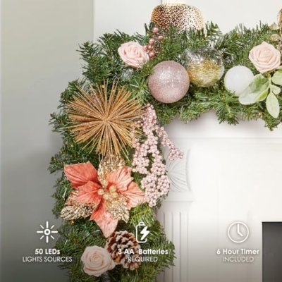 Product: WBHome Pre-lit 9 Feet/108 Inch Christmas Garland, Rose Gold Lighted Garland with 50 LED Lights for Indoor Outdoor Xmas Decor Holiday Decorations, Battery Operated (Batteries NOT Included)